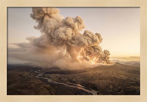 Volcanic Lightning Over Eruption