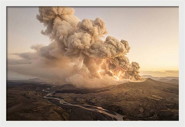 Volcanic Lightning Over Eruption