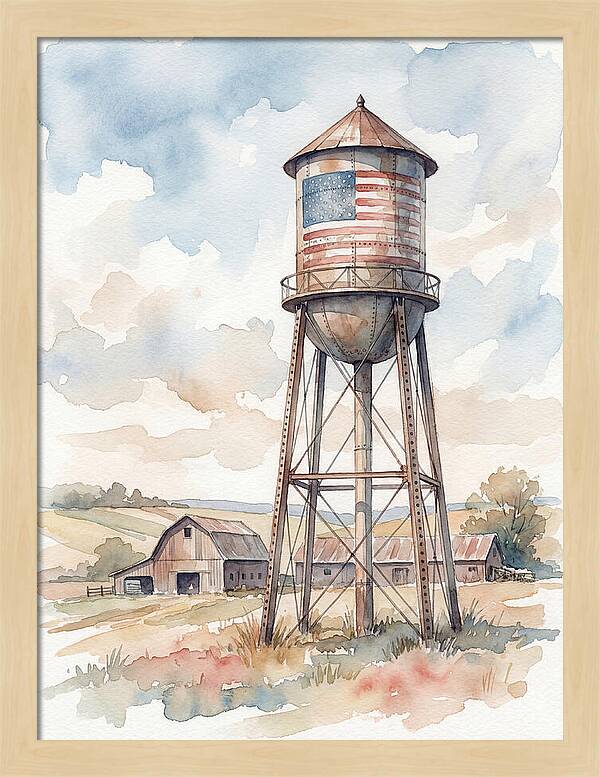 Water Tower With American Flag
