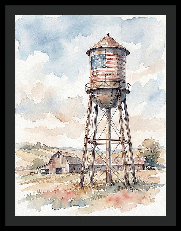 Water Tower With American Flag