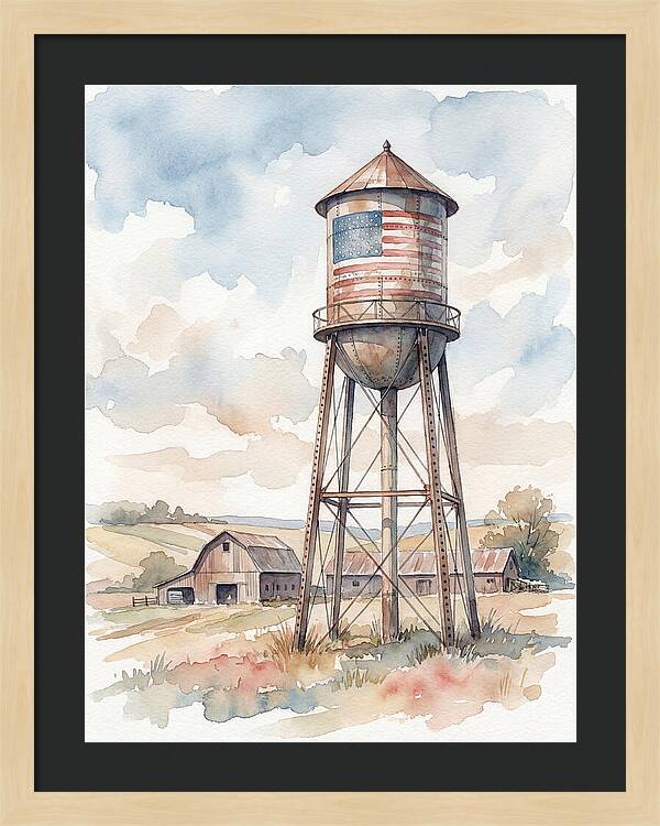 Water Tower With American Flag