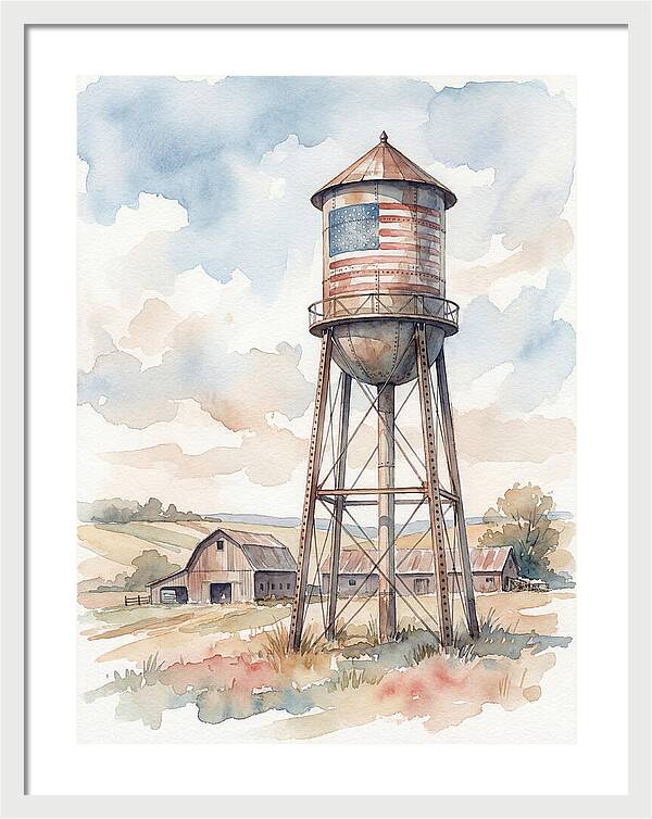 Water Tower With American Flag