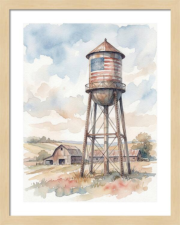 Water Tower With American Flag