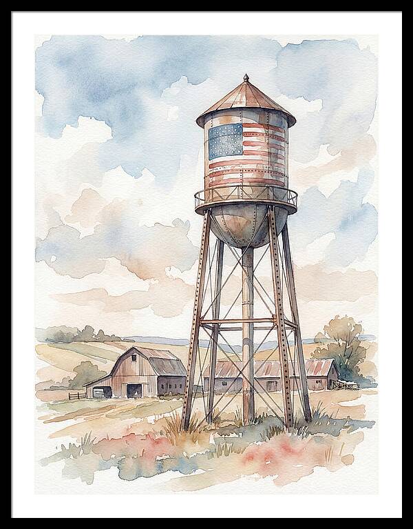 Water Tower With American Flag