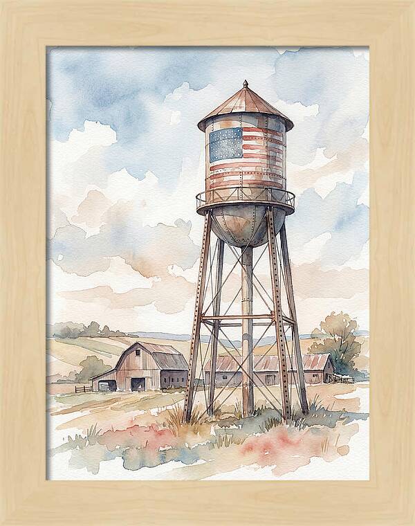 Water Tower With American Flag