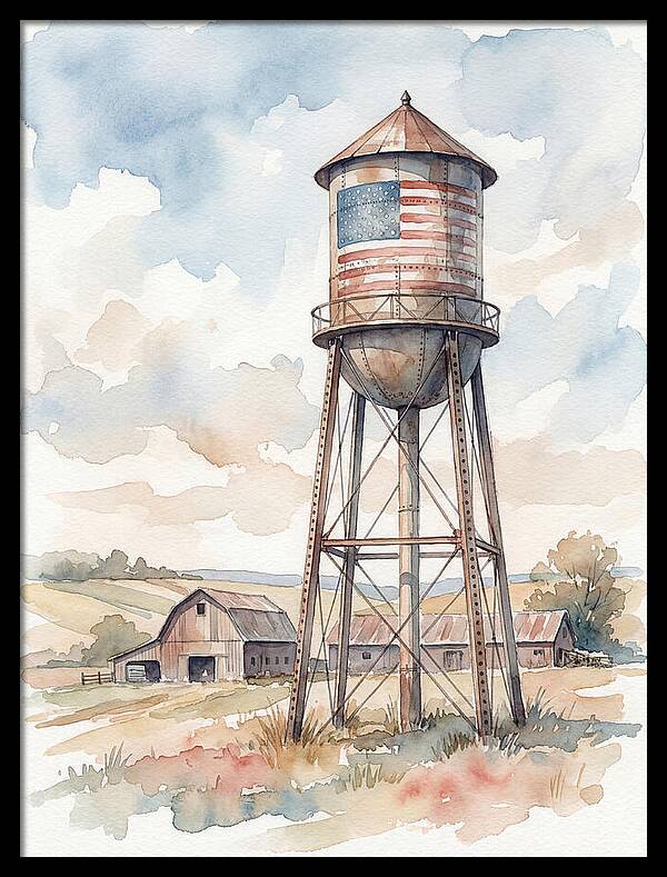 Water Tower With American Flag