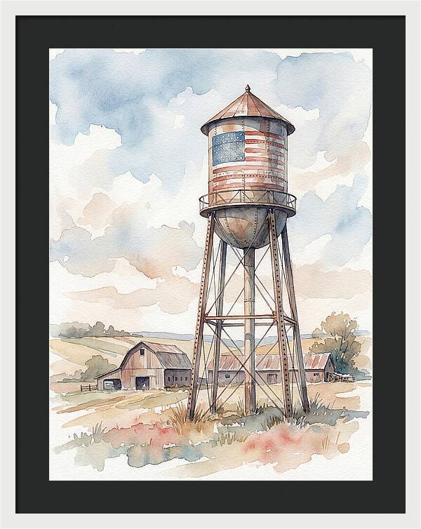 Water Tower With American Flag