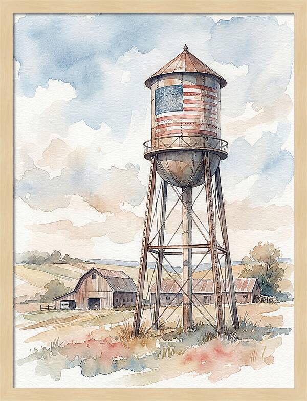 Water Tower With American Flag