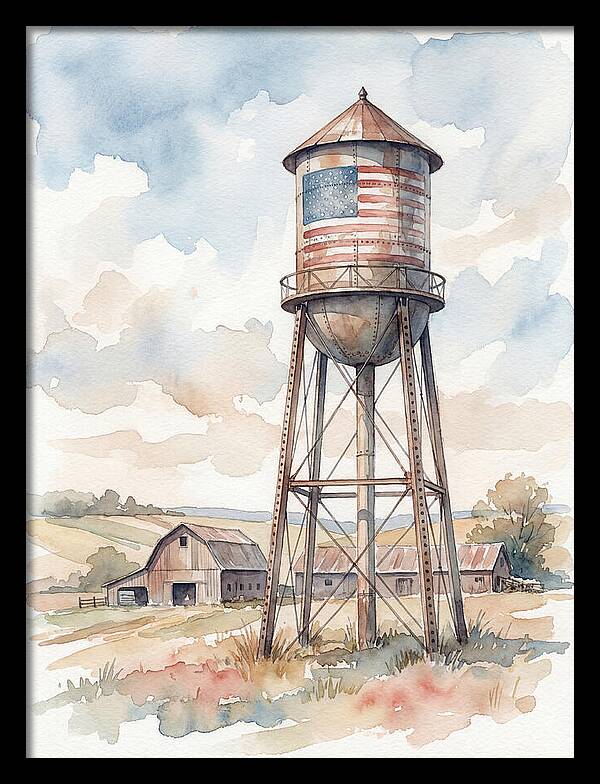 Water Tower With American Flag