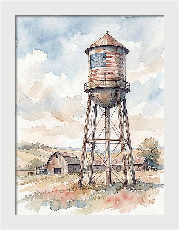 Water Tower With American Flag