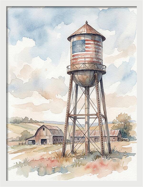 Water Tower With American Flag