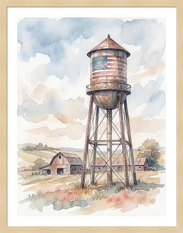 Water Tower With American Flag