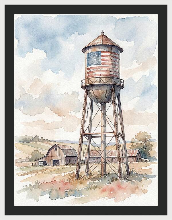 Water Tower With American Flag