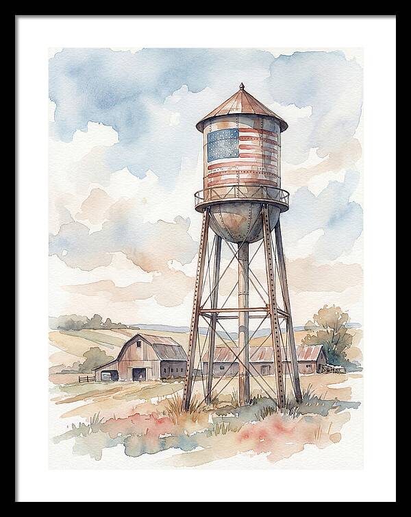 Water Tower With American Flag
