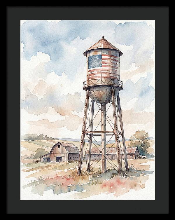 Water Tower With American Flag