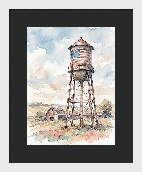 Water Tower With American Flag