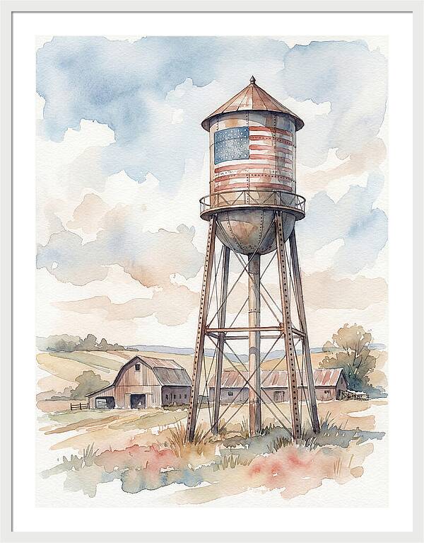 Water Tower With American Flag
