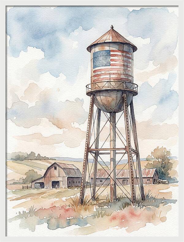 Water Tower With American Flag