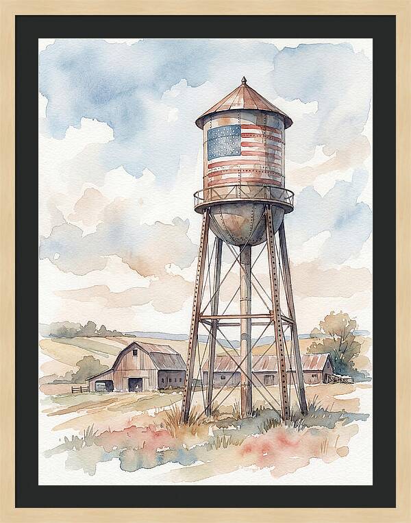 Water Tower With American Flag