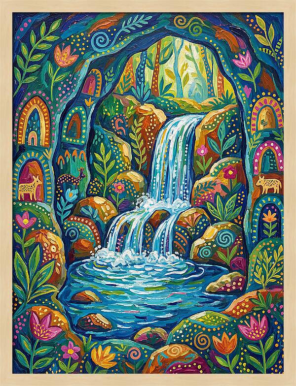 Waterfall In A Colorful Cave