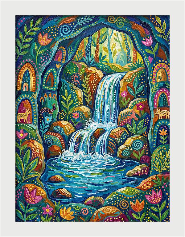 Waterfall In A Colorful Cave