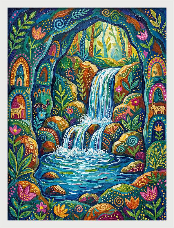 Waterfall In A Colorful Cave