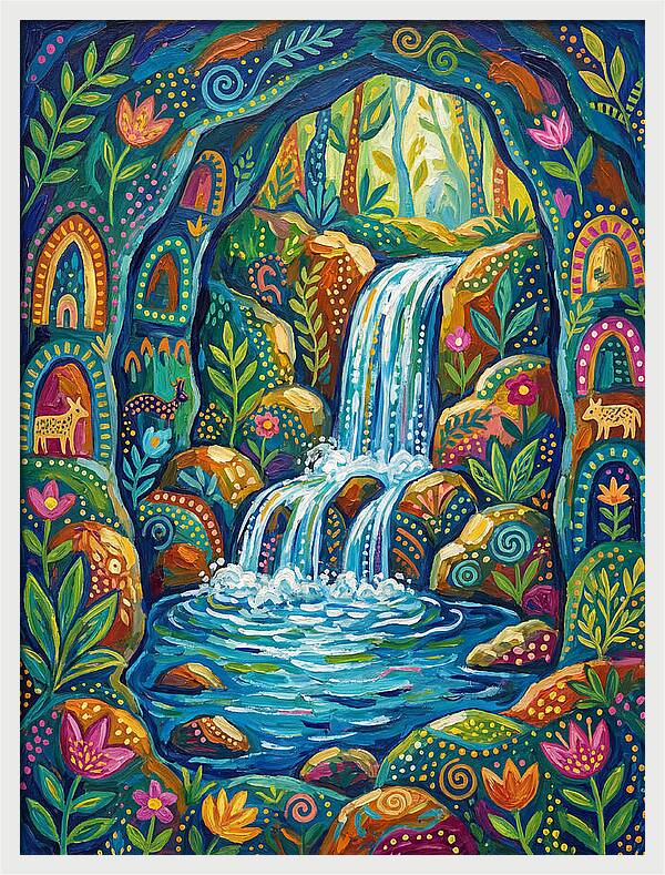 Waterfall In A Colorful Cave