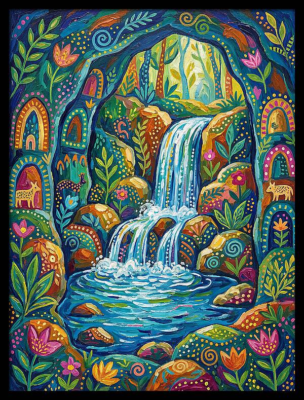 Waterfall In A Colorful Cave