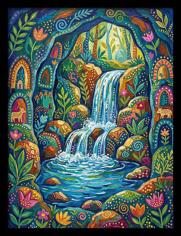 Waterfall In A Colorful Cave