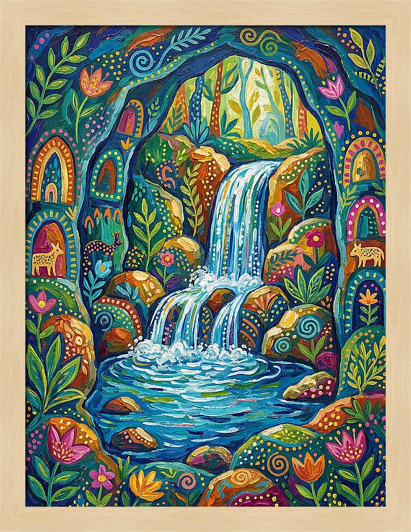 Waterfall In A Colorful Cave