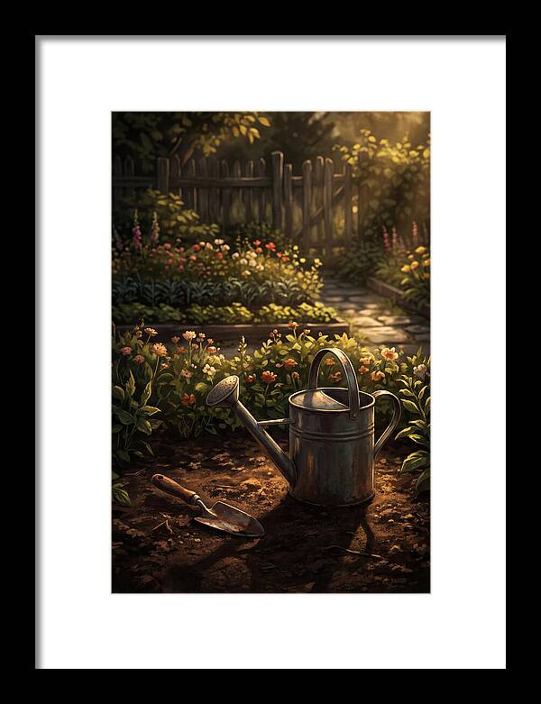 Watering Can And Trowel In Garden