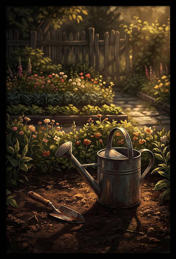 Watering Can And Trowel In Garden