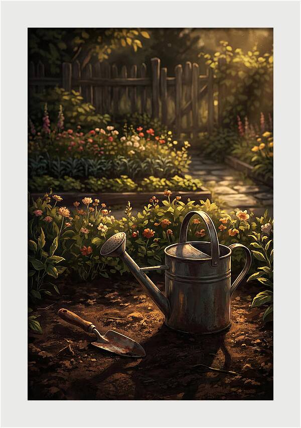 Watering Can And Trowel In Garden