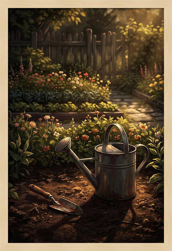 Watering Can And Trowel In Garden