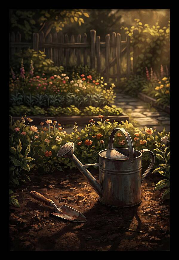 Watering Can And Trowel In Garden