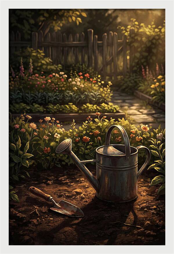 Watering Can And Trowel In Garden