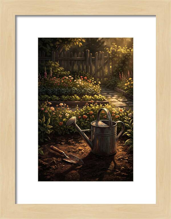 Watering Can And Trowel In Garden