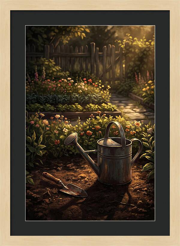 Watering Can And Trowel In Garden