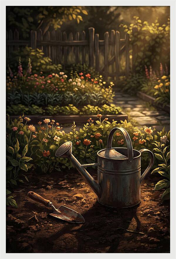 Watering Can And Trowel In Garden