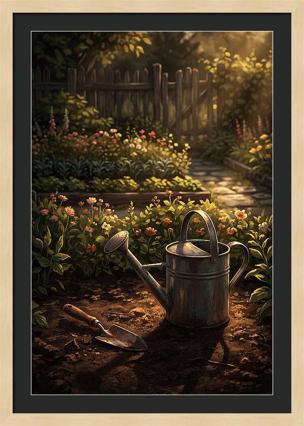 Watering Can And Trowel In Garden