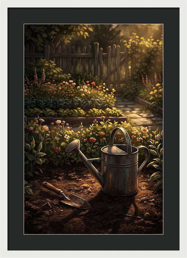 Watering Can And Trowel In Garden