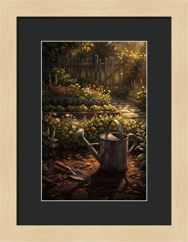Watering Can And Trowel In Garden