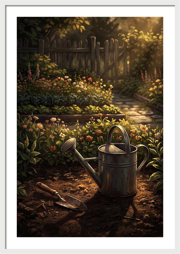 Watering Can And Trowel In Garden