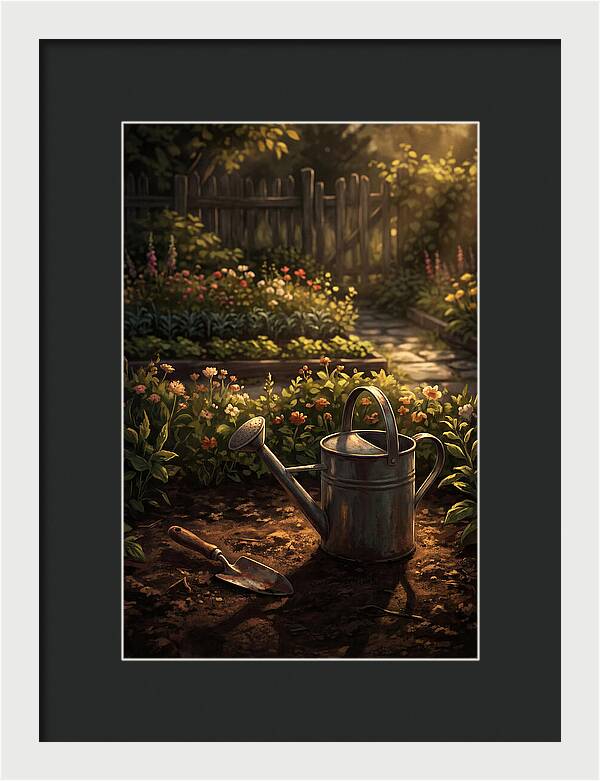 Watering Can And Trowel In Garden