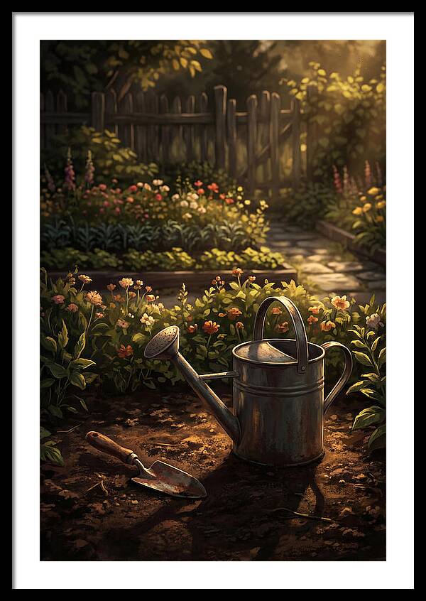 Watering Can And Trowel In Garden
