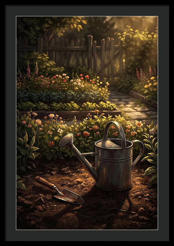 Watering Can And Trowel In Garden