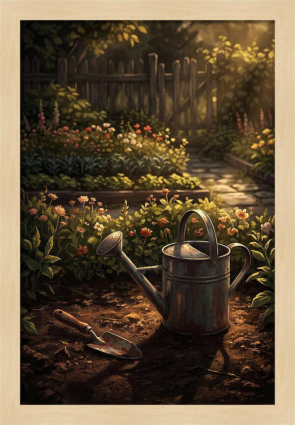 Watering Can And Trowel In Garden