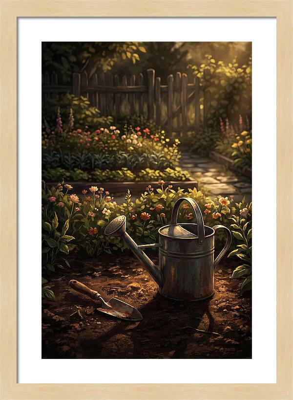 Watering Can And Trowel In Garden