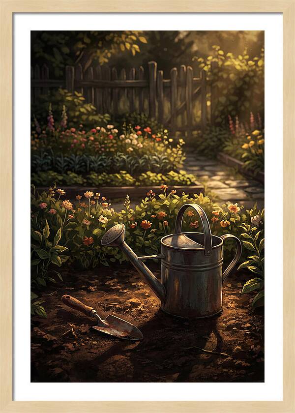 Watering Can And Trowel In Garden