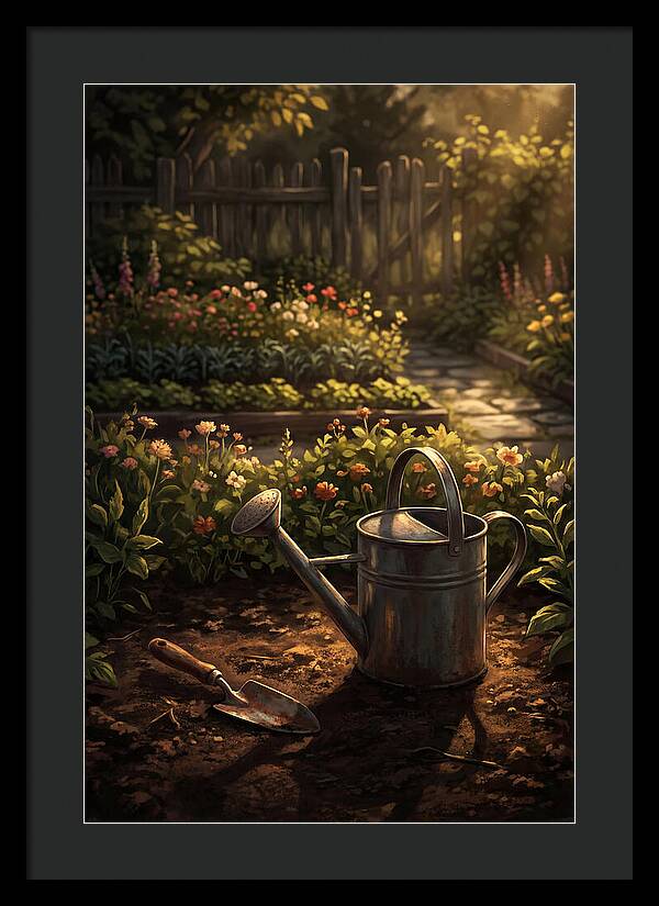 Watering Can And Trowel In Garden
